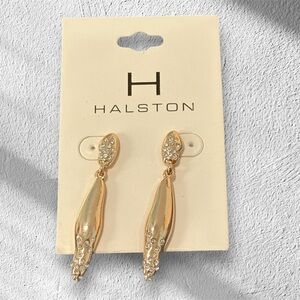 NWT H by Halston Luxury Designer Gold Tone Drop Earrings With Crystals